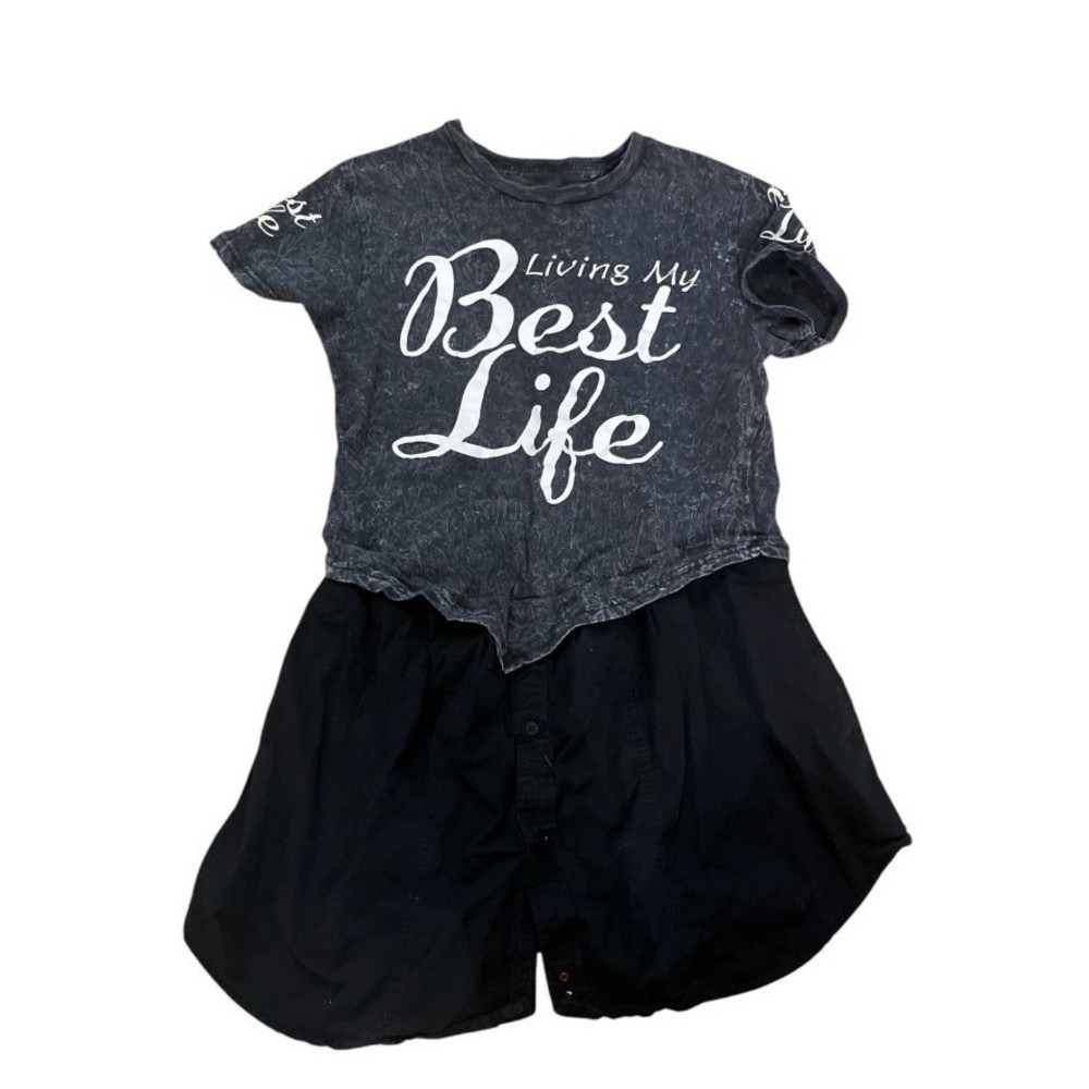 Upcycled T-Shirt Dress "Living My Best Life "Acid Wash Black L‎